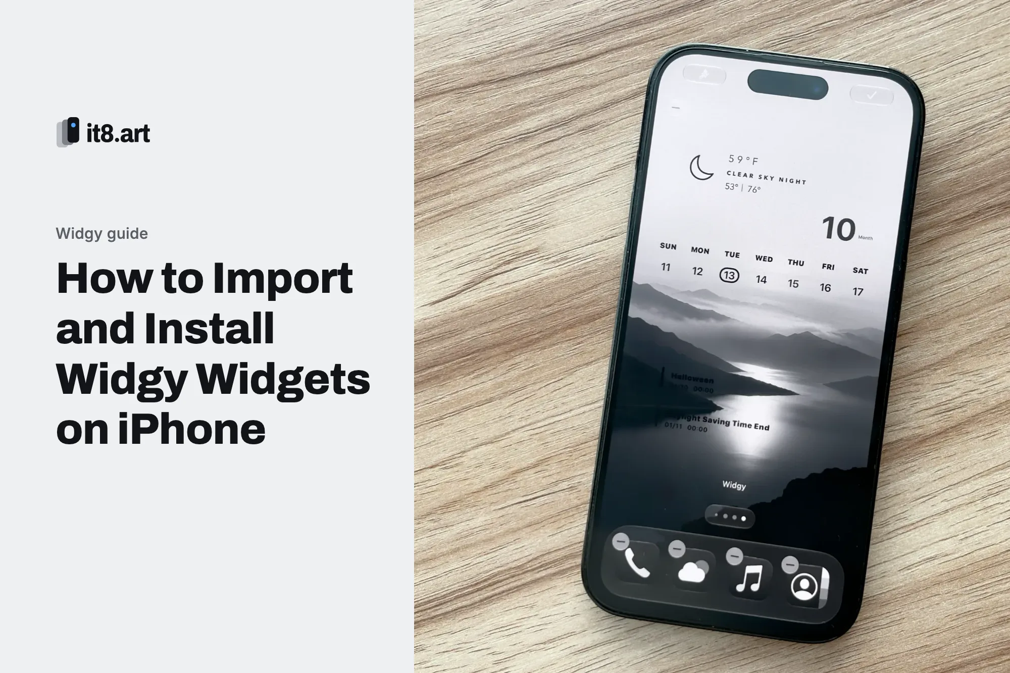 Widgy guide cover: an iPhone with a Widgy weather and calendar widget on a black-and-white lake wallpaper