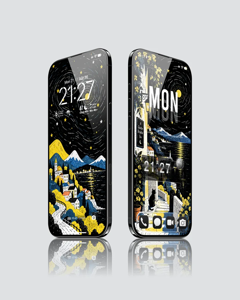 Dark starry night iPhone 18 Pro wallpaper with yellow stars and a vintage mountain landscape