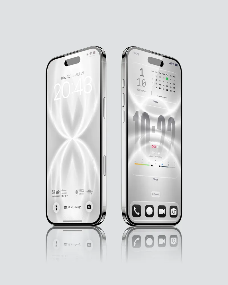 Light gray iPhone wallpaper with elongated white loops, shown on a Lock Screen and a Home Screen with calendar widgets