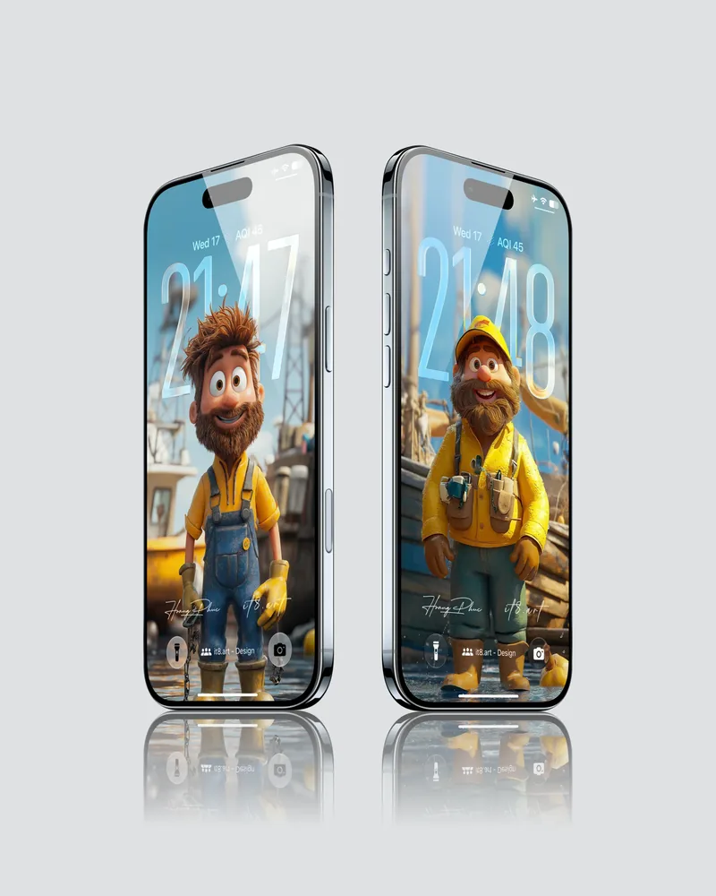 Cartoon fisherman in blue overalls and yellow raincoat on iPhone screens
