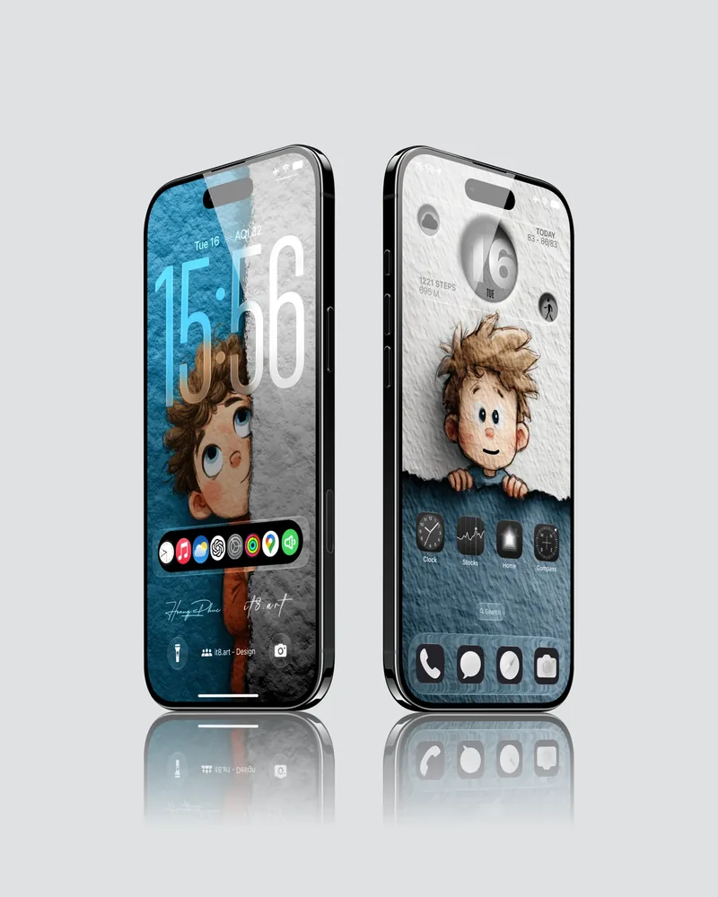 Cute peeking boy with blue textured background on iPhone screens