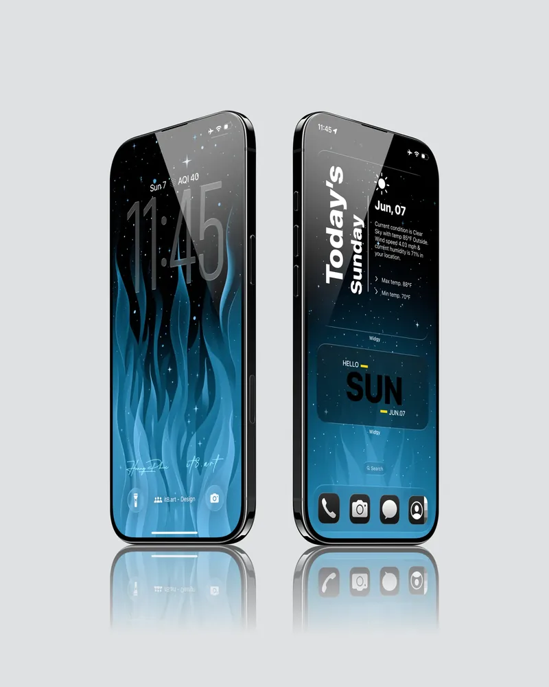 Blue flame wallpaper with matching dark iPhone home screen