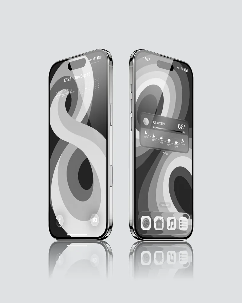 iPhone Lock Screen and Home Screen previews with looping black, white and gray ribbons