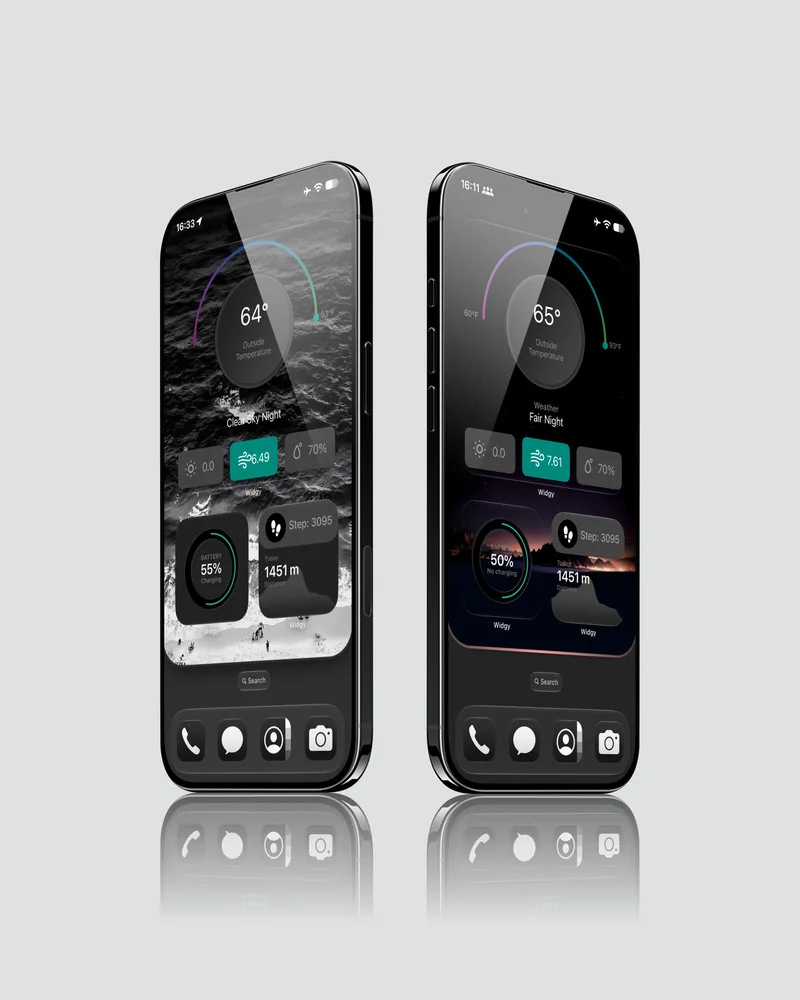 Dark iPhone home screen with weather battery fitness widgets and matching wallpapers
