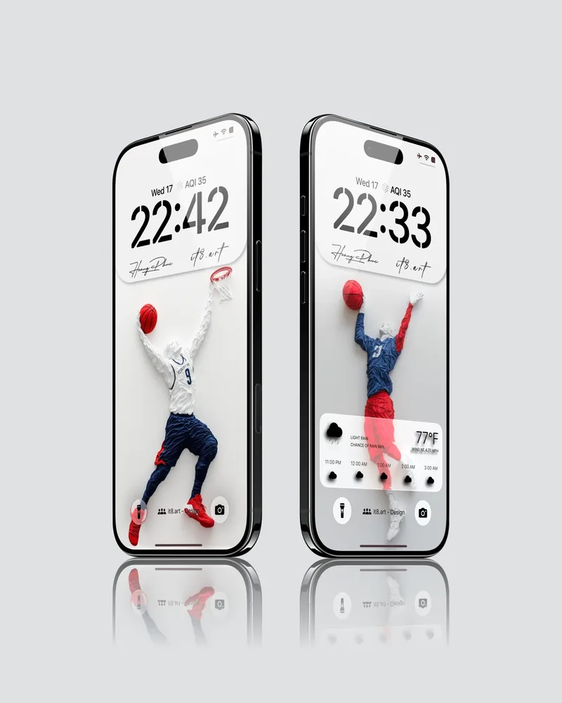 Minimal paper-cut basketball player on white iPhone screens