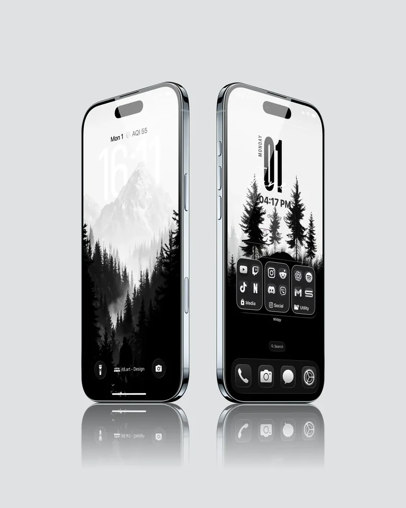 Monochrome mountain and pine forest wallpaper on iPhone screens
