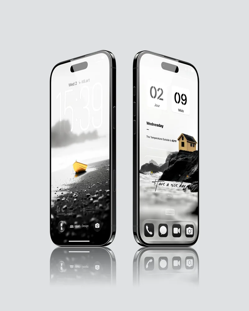 Monochrome coastal iPhone setup with yellow boat and house