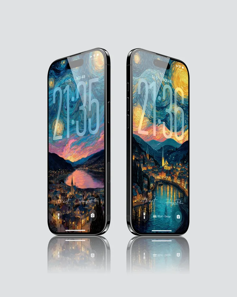 Painted starry mountain lake scenes on two iPhone lock screens